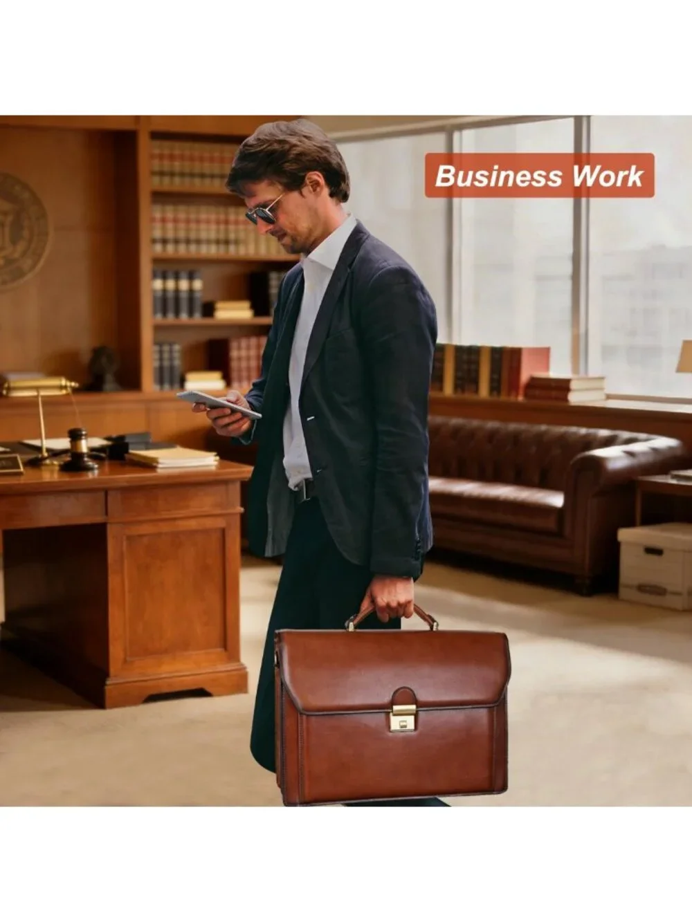 Stylish Leather Briefcase for Men, Lock Closure, Fits Laptop & Essentials